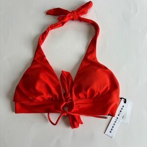 Robin Piccone Aubrey Halter Bikini Top Orange Persimmon Tie Front New Swim Beach